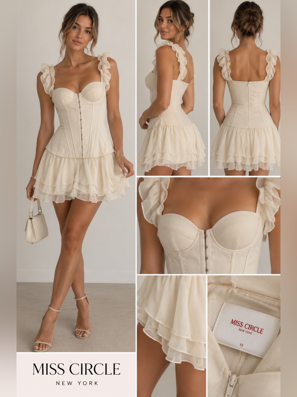 Miss Circle Ivory Satin Corset Ruffle Mini Dress Chiffon, Size XS, NWT